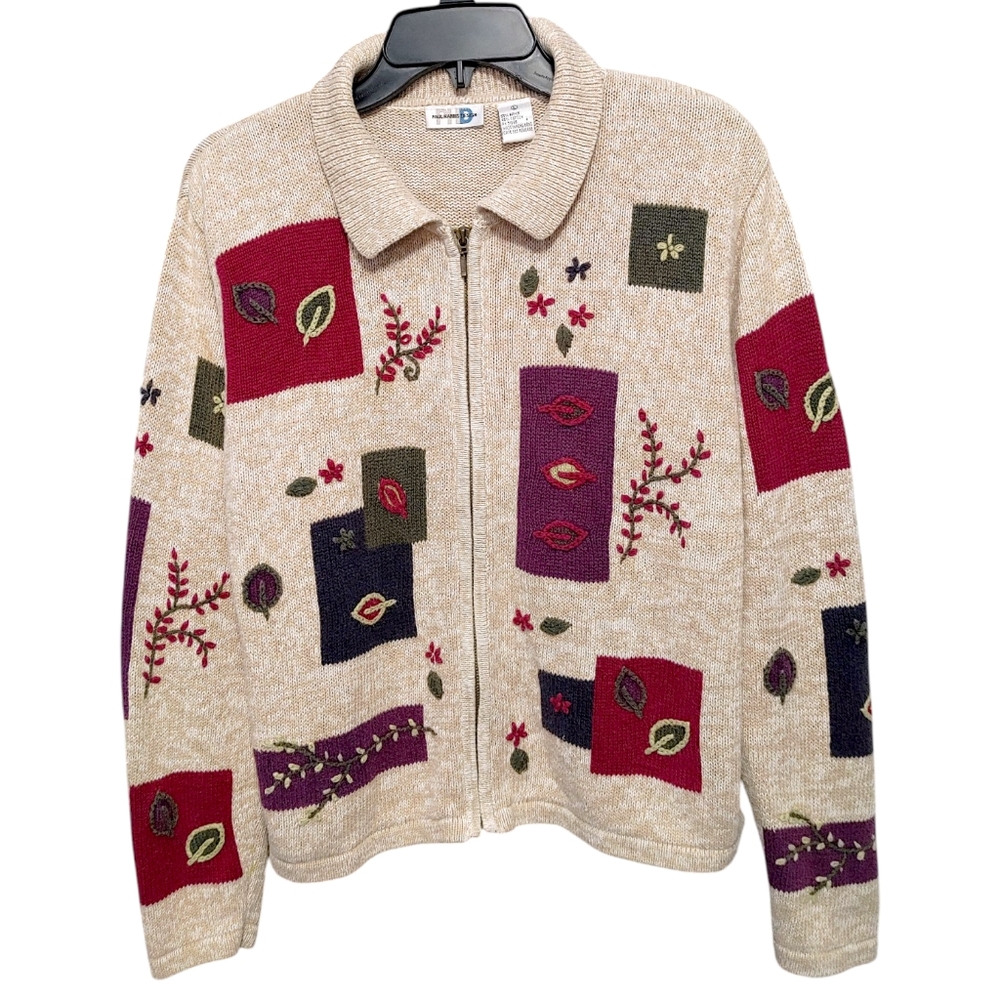 Vintage First Concepts Fall Leaf Embroidered Zip Front Sweater Size Large